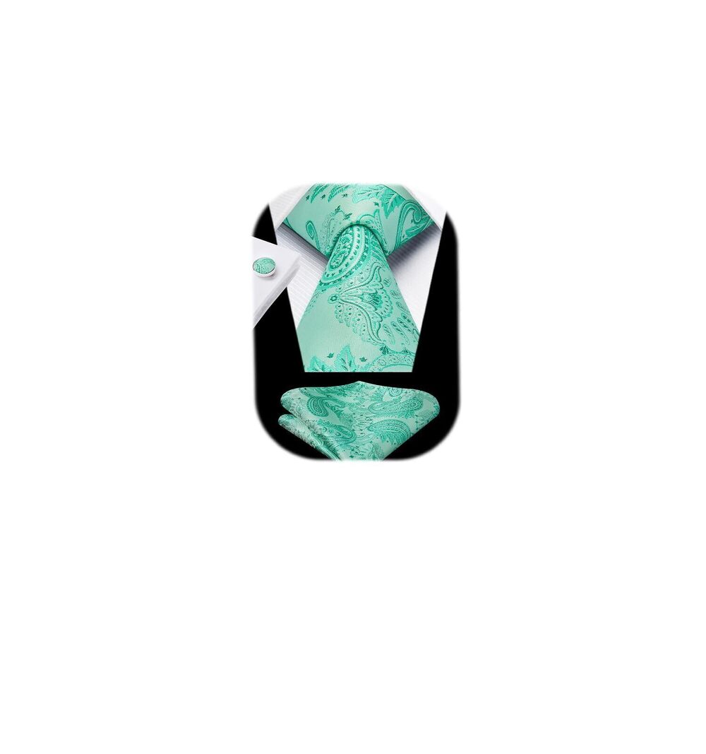 1320 Mint Green Tie Paisley Ties and Pocket Square Cufflinks Set Classic